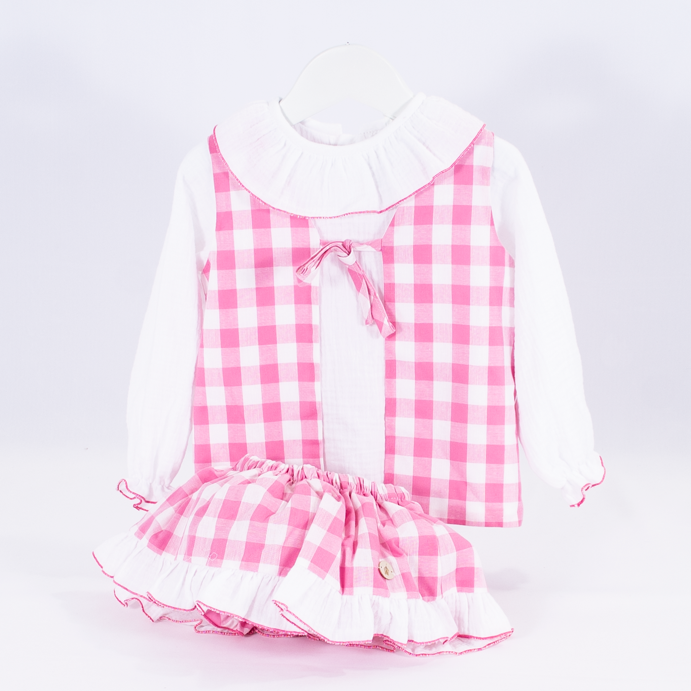 Conjunto niña vestir blusa estampada flores culetín falda rosa de topos  blancos basmarti